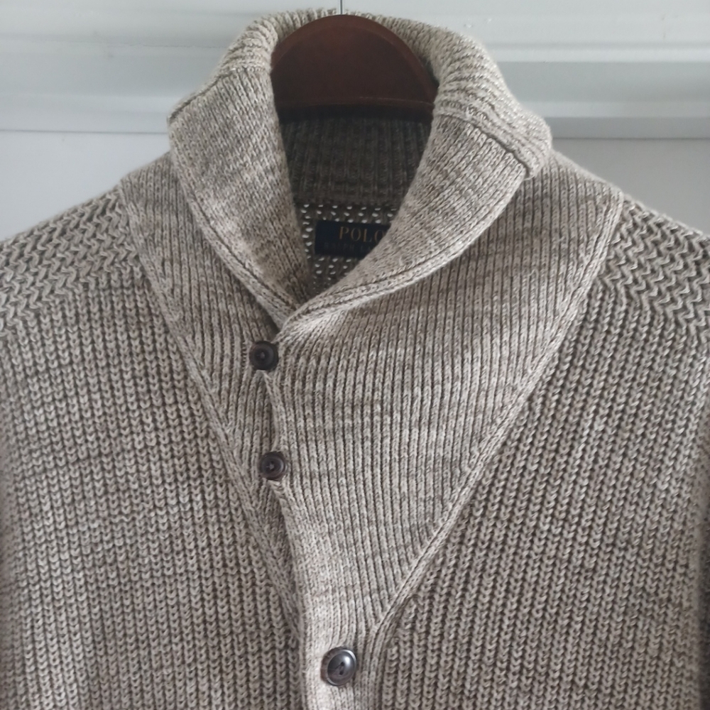 RALPH LAUREN Tan Heavy Knit Shawl Collared Cardigan Sweater, XL - Picture 11 of 12